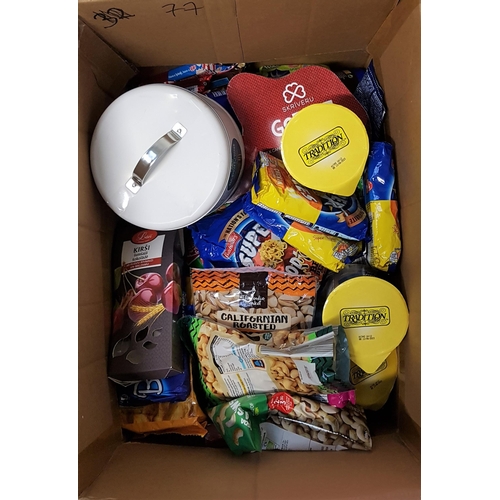 77 - ONE BOX OF CONSUMABLE ITEMS
including: sweets, chocolates, super noodles, biscuits, nuts