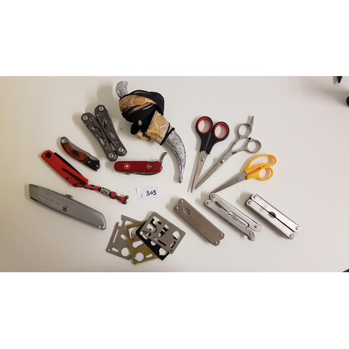 303 - SELECTION OF KVIVES AND SCISSORS
including a Gerber multi-tool, a Kirpan, hairdressings scissors, a ... 