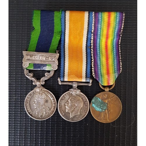 384 - WWI MINATURE TRIO BAR
comprising the War and Victory medals and the Indian General Service Medal wit... 