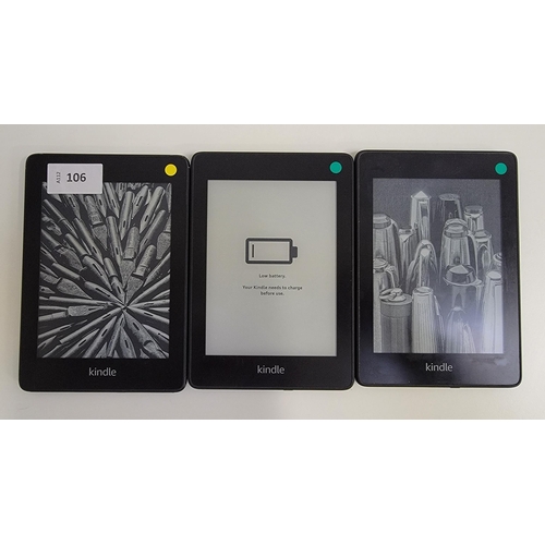 106 - THREE AMAZON KINDLE E-READERS
comprising Paperwhite 4 10th generation, serial number G000 PP12 9214 ... 