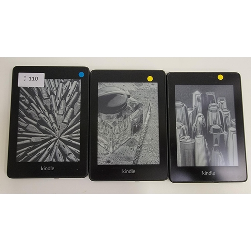 110 - THREE AMAZON KINDLE E-READERS
comprising Paperwhite 4, serial number G000 PP12 9233 0GRC; Paperwhite... 