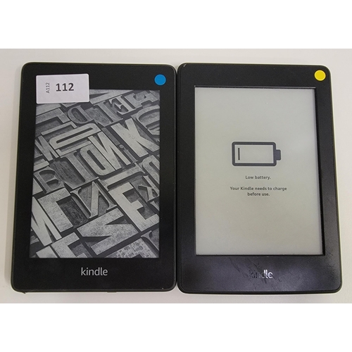 112 - TWO AMAZON KINDLE E-READERS
comprising Paperwhite 4, serial number G000 PP13 1172 102N; and Paperwhi... 