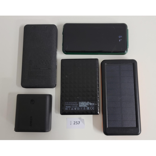 257 - SELECTION OF FIVE POWERBANKS
including Anker, Mophie, Seagate