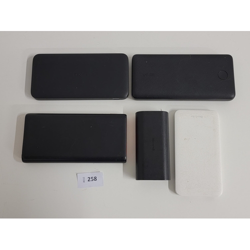 258 - SELECTION OF FIVE POWERBANKS
including Microsoft, Anker, Redmi