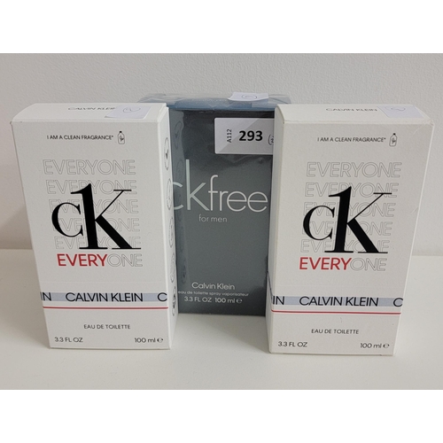 293 - THREE NEW AND BOXED CALVIN KLEIN FRAGRANCES
comprising ckfree for men eau de toilette spray (100ml);... 