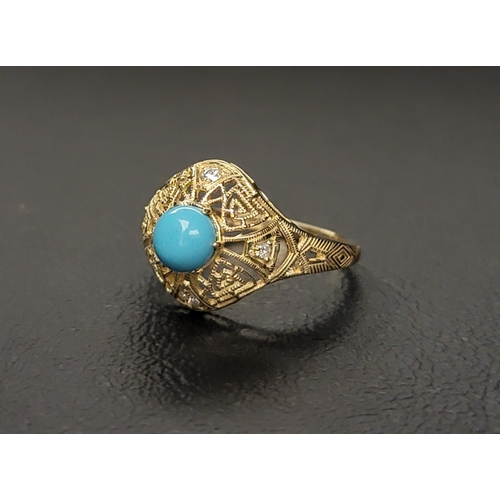 98 - TURQUOISE AND DIAMOND DRESS RING
the round cut cabochon turquoise in pierced diamond set surround ex... 
