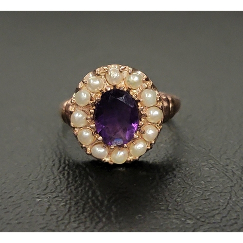 120 - AMYTHYST AND PEARL CLUSTER RING
the central oval cut amethyst approximately 1ct in a twelve pearl su... 