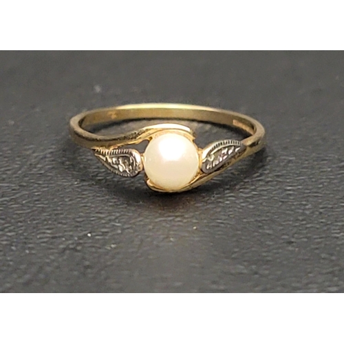 26 - PEARL AND DIAMOND RING
the central pearl flanked by small diamonds, on nine carat gold shank, ring s... 