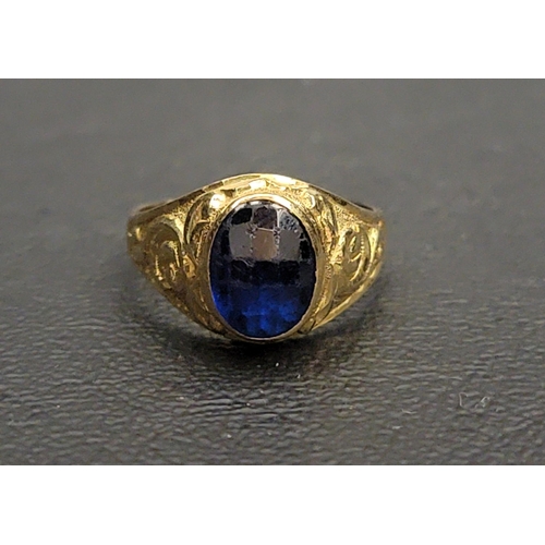 39 - FACETED BLUE GLASS DRESS RING
in unmarked high carat gold with scroll decorated shoulders, ring size... 