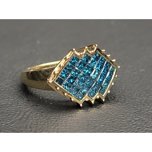 75 - BLUE DIAMOND CLUSTER DRESS RING
in shaped setting, on nine carat gold shank, ring size N