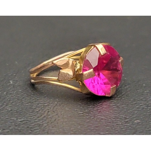 106 - RUBY SINGLE STONE DRESS RING
the circular gemstone approximately 5cts, on gold shank with indistinct... 