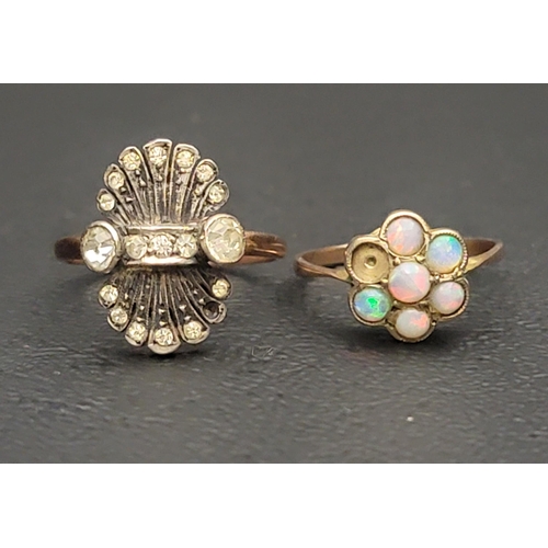 121 - TWO NINE CARAT GOLD RINGS
one an opal cluster (one stone lacking) and the other with CZ set shaped s... 
