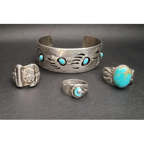 13 - SELECTION OF TURQUOISE SET NATIVE AMERICAN SILVER JEWELLERY
comprising a bangle by Farlene Spencer, ... 