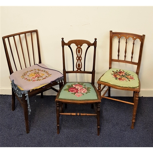 493 - EDWARDIAN MAHOGANY AND INLAID BEDROOM CHAIR
with a pierced splat back above a floral needle work sea... 