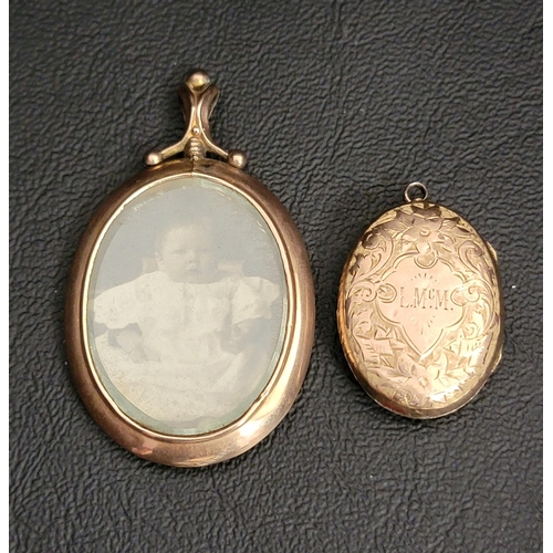 124 - TWO GOLD LOCKET PENDANTS
one in nine carat gold with glazed panel to the front; the other an unmarke... 