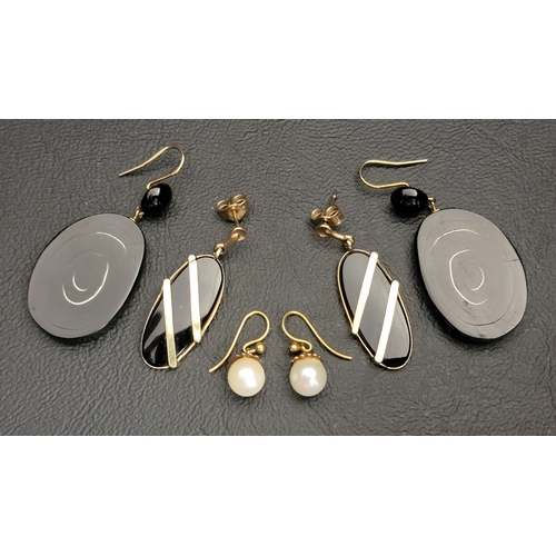 144 - THREE PAIRS OF NINE CARAT GOLD MOUNTED EARRINGS
including a pair of pearl drop earrings, and a pair ... 