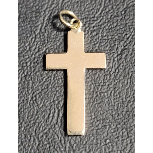 155 - NINE CARAT GOLD CROSS PENDANT 
approximately 2.3 grams and 3.5cm long including chain ring