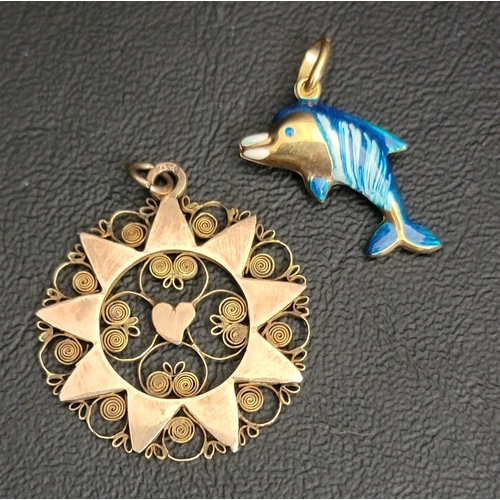 156 - TWO GOLD PENDANTS
comprising an enamel decorated nine carat gold dolphin pendant; and an unmarked go... 