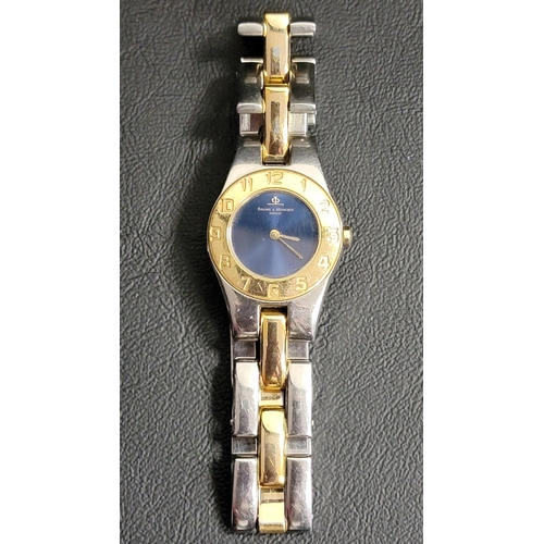3 - LADIES BAUME & MERCIER WRISTWATCH
the blue dial with gold coloured bezel set with Arabic numerals, t... 