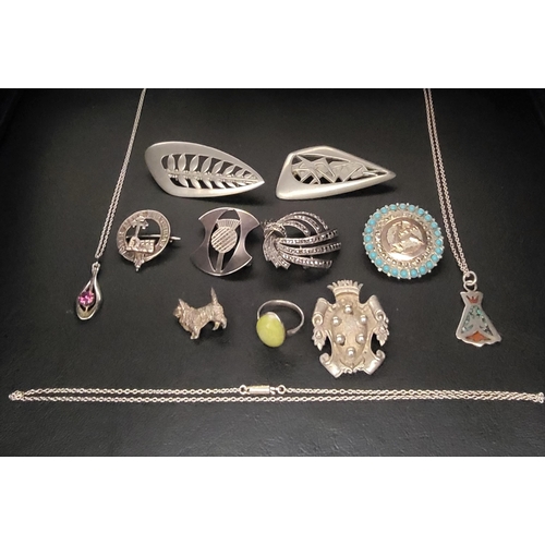 93 - SELECTION OF SILVER, PEWTER AND OTHER JEWELLERY
including a turquoise set silver brooch with central... 