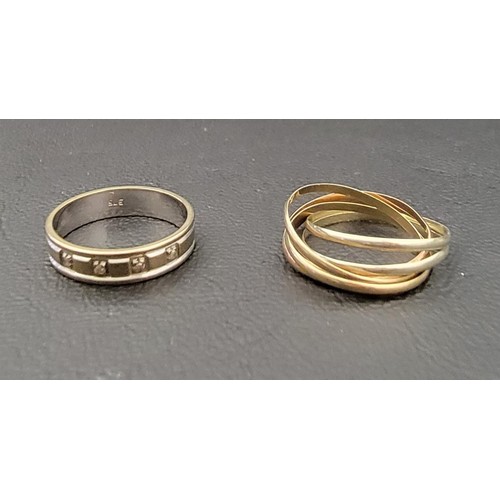 167 - TWO NINE CARAT GOLD RINGS 
comprising a diamond set band with line engravings and a triple-tone Russ... 