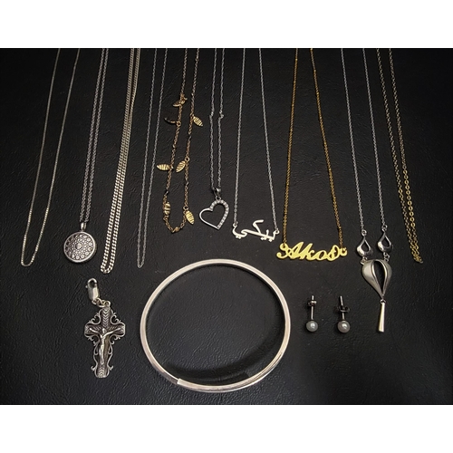 146 - SELECTION OF SILVER JEWELLERY
including neck chains, a bangle with personal inscription, a stone set... 