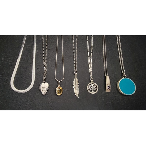 200 - SELECTION OF SILVER NECKLACES
including a snake neck chain, an engraved locket, stone set pendants a... 