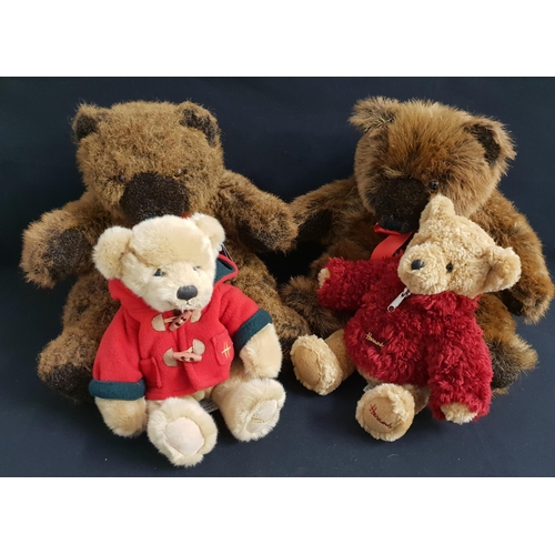362 - FOUR HARRODS PLUSH TEDDY BEARS
comprising two large brown bears, 32cm high, a camel coloured bear wi... 