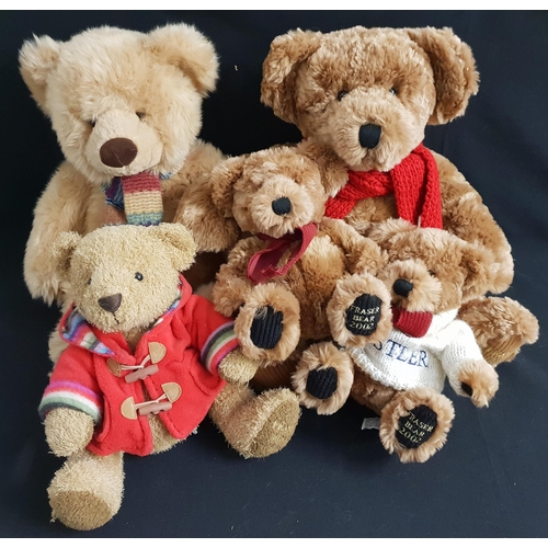 365 - FIVE HOUSE OF FRASER TEDDY BEARS
comprising the 2001 edition with a multi coloured scarf, 33cm high,... 