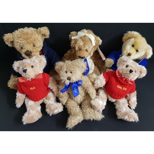 367 - SIX PLUSH TEDDY BEARS
comprising two Russ Millennium 200 with a blue jumper and one with a scarf, 32... 