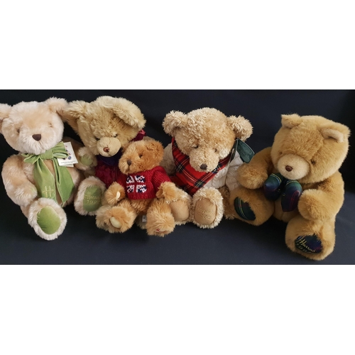 363 - FIVE HARRODS PLUSH TEDDY BEARS
comprising a 1994 edition with a tartan bowtie, 33cm high, 1995 editi... 