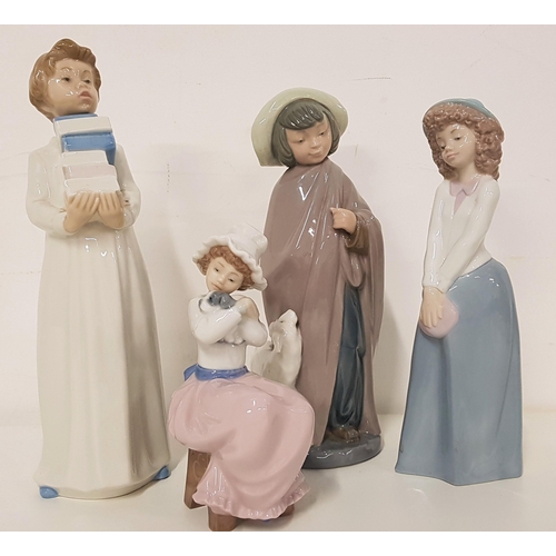 219 - FOUR NAO FIGURINES
including a child holding books, 28.5cm high, girl in a long skirt and hat, 24cm ... 