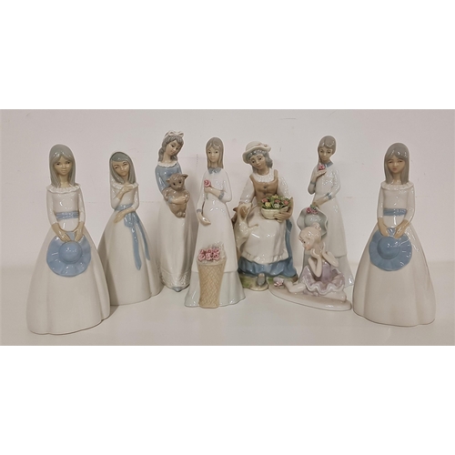 225 - FIVE MIQUEL REQUENA FIGURINES
including two girls in long dresses holding their hats, 23cm high, gir... 