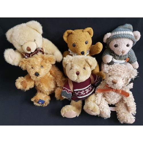 363 - SIX PLUSH TEDDY BEARS
comprising a German Clemens growler with a frill collar and jointed limbs, 27c... 