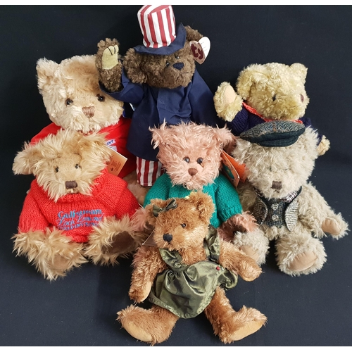 364 - SEVEN PLUSH TEDDY BEARS
comprising a Channel Island Toy Pamela's Bear with jointed limbs, 25cm high,... 