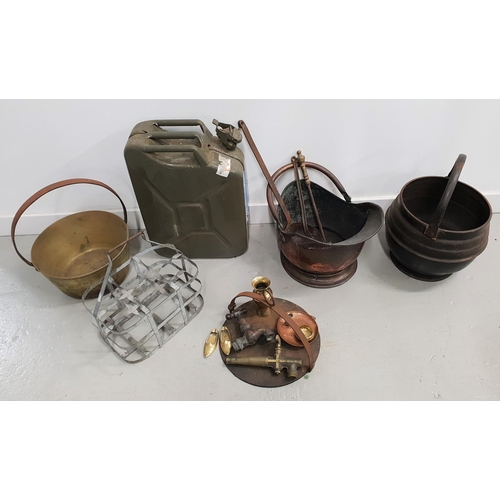 301 - MIXED LOT OF METALWARE
including a 20 litre jerry can, copper coal helmet, brass preserve pan, iron ... 