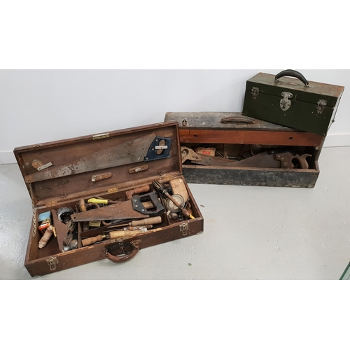 303 - TWO VINTAGE WOODEN TOOL BOXES
with a large selection of tools including saws, planes, drills, bradle... 