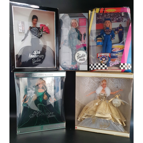 387 - FIVE ANNIVERSARY BARBIE DOLLS
comprising 50th Anniversary Nascar Barbie, 40th Anniversary Barbie, Fi... 