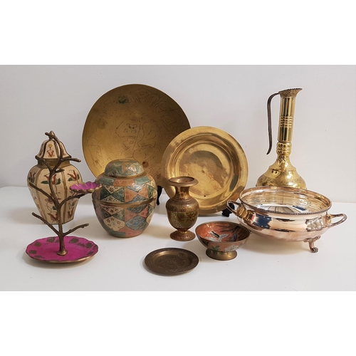 304 - MIXED LOT OF METALWARE
including a brass jug, two brass dishes, silver plated bowl, two brass and en... 