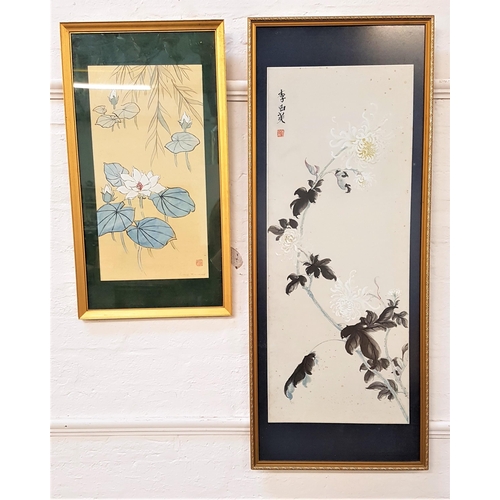 472 - CHINESE SCHOOL
Lotus flowers and bamboo, gouache, 50cm x 26cm, together with Flowering chrysanthemum... 