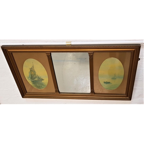 518 - 1950s WALL MIRROR
with a rectangular central plate flanked by two maritime scenes, 44cm x 84.5cm