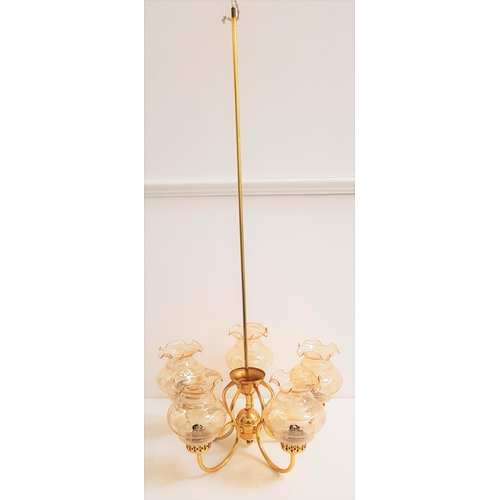 524 - MODERN GILT METAL CHANDELIER
the brass column with five shaped arms with decorative smoked glass etc... 