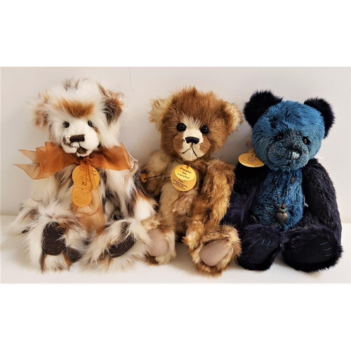 377 - THREE CHARLIE BEARS
comprising Raffles, CB131387 with label, Tickle, CB630310D with label and Fluff,... 