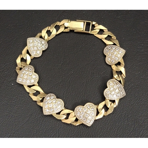 77 - NINE CARAT GOLD STONE SET CURB LINK BRACELET
the curb link chain interspersed with six CZ set hearts... 