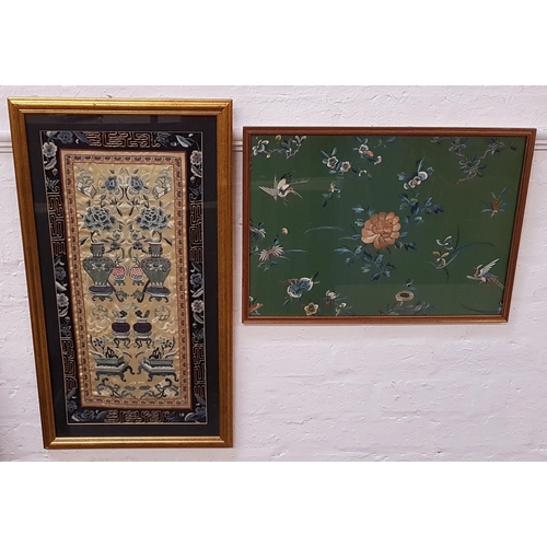 282 - CHINESE EMBROIDED SILK PANEL
depicting flowers and vases, framed, 64cm x 31cm, together with a Chine... 