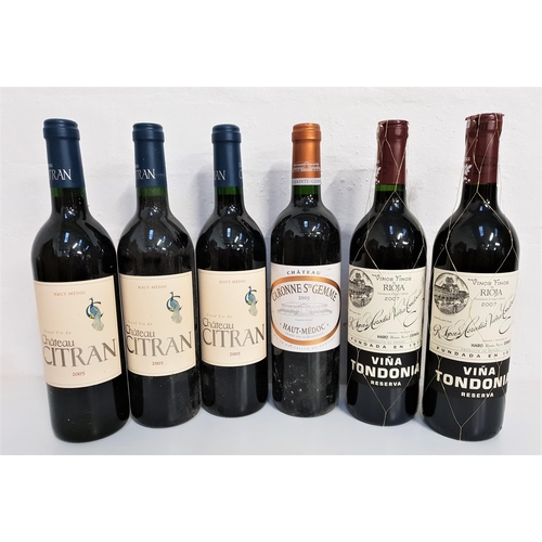 457 - SIX BOTTLES OF RED WINE
comprising three bottles of Chateau Citran Haut-Medoc 2005, 75cl and 13%; tw... 