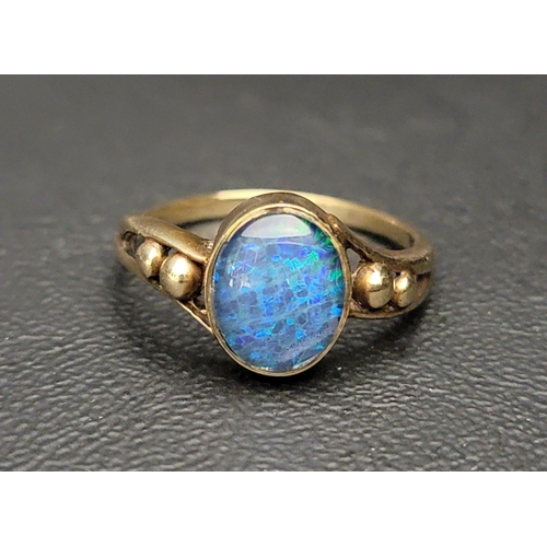 OPAL TRIPLET RING
on ten carat gold shank with bead detail to the split shoulders, ring size S