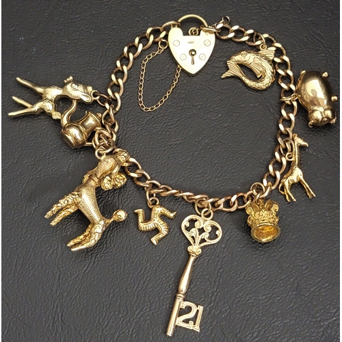 73 - NINE CARAT GOLD CHARM BRACELET
the curb link bracelet with padlock clasp, safety chain and various c... 