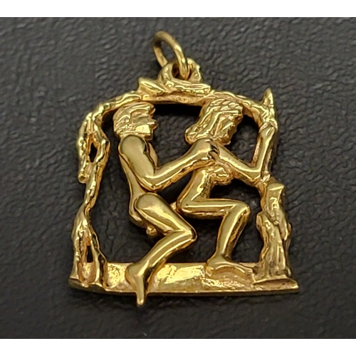 88 - UNUSUAL EROTIC NINE CARAT GOLD PENDANT
the male figure with articulated body seated behind the femal... 