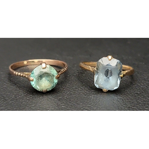 137 - TWO BLUE TOPAZ SINGLE STONE RINGS
in nine carat gold and the other in unmarked gold, ring sizes K an... 